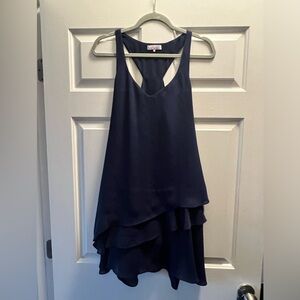 Parker navy racer back dress with layered ruffle hem
